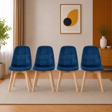 Cumpara ieftin Set 4 scaune bucatarie/living, Artool, Bora, catifea albastra, picioare lemn natur, 44.5x54x81.5 cm