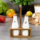 Set recipiente portelan, ulei si otet, cu suport din lemn de salcam, 22 x 16 x 7,5 cm, Kassel