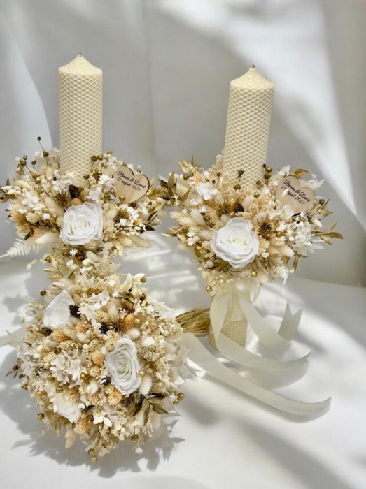 Set buchet, lumanari cu trandafiri criogenati si plante naturale uscate, lumanari tip fagure - Multicolor
