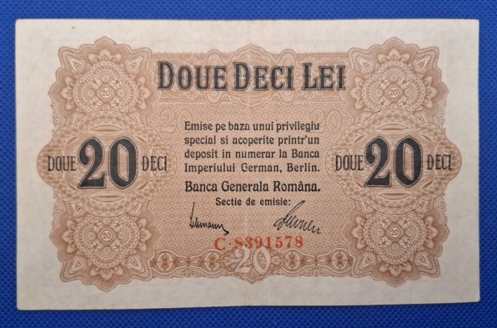 20 lei BGR 1917, Banca Generala Romana, seria C.8391578, stare foarte bună