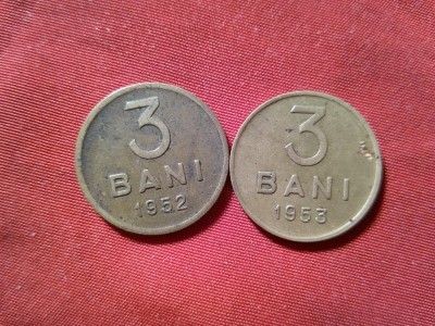 2 Monede 3 Bani 1952 si 1953 RPR bronz ,cal. medie foto