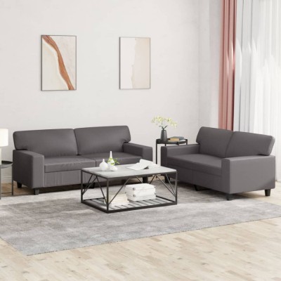 vidaXL Set de canapele, 2 piese, gri, piele ecologică foto