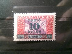 Timbru Porto Ungaria 1927 Aviatie cu supratipar , 10f/ 10 000f sarniera