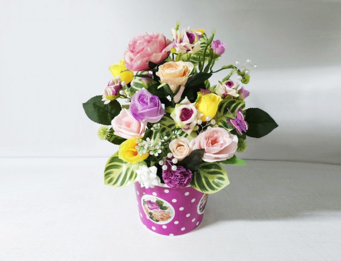 Cadou unicat decor mare flori artificiale, aranjament bogat roz mov