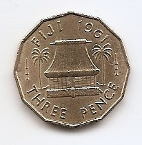 Fiji 3 Pence 1961 - Elizabeth II (1st portrait) 21.9 mm KM-22 foto