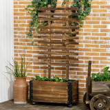 Outsunny Jardiniera cu Spalier pentru Plante Agatatoare si Roti, Jardiniera din Lemn de Brad cu Design Autodrenant, 65x31x147 cm, Maro Carbonizat