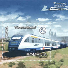 Romania, LP 1632/2004, Trenuri moderne, colita dantelata, MNH