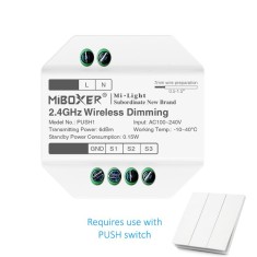 Modul wireless MiBoxer PUSH1, pentru intrerupator clasic cu revenire, dimmer RGB+CCT, 2.4GHz, AC100-240V, dimming 0.1-100%, RF control 30m, montaj in