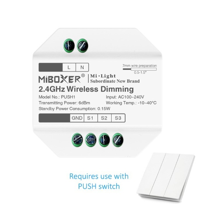 Modul wireless MiBoxer PUSH1, pentru intrerupator clasic cu revenire, dimmer RGB+CCT, 2.4GHz, AC100-240V, dimming 0.1-100%, RF control 30m, montaj in