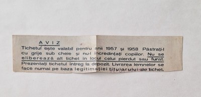 Tichet pentru lemne RPR 1957&amp;ndash;1958 &amp;ndash; Direcția Aprovizionare Combustibili &amp;ndash; numerotat/ștampilat foto