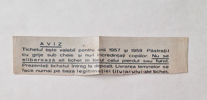 Tichet pentru lemne RPR 1957&ndash;1958 &ndash; Direcția Aprovizionare Combustibili &ndash; numerotat/ștampilat