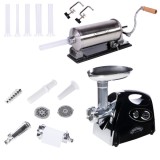 Pachet Micul Fermier, Masina de tocat carne inox, 1400W, 90Kg/h, accesorii rosii si carnati incluse + Masina de Umplut Carnati Inox, 4Kg, orizontal, 5