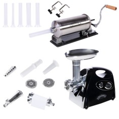 Pachet Micul Fermier, Masina de tocat carne inox, 1400W, 90Kg/h, accesorii rosii si carnati incluse + Masina de Umplut Carnati Inox, 4Kg, orizontal, 5