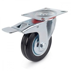 Roata carucior, pivotanta, diametru 125 mm, din cauciuc, cu rulment si frana, placa 100x80 mm, 100 kg