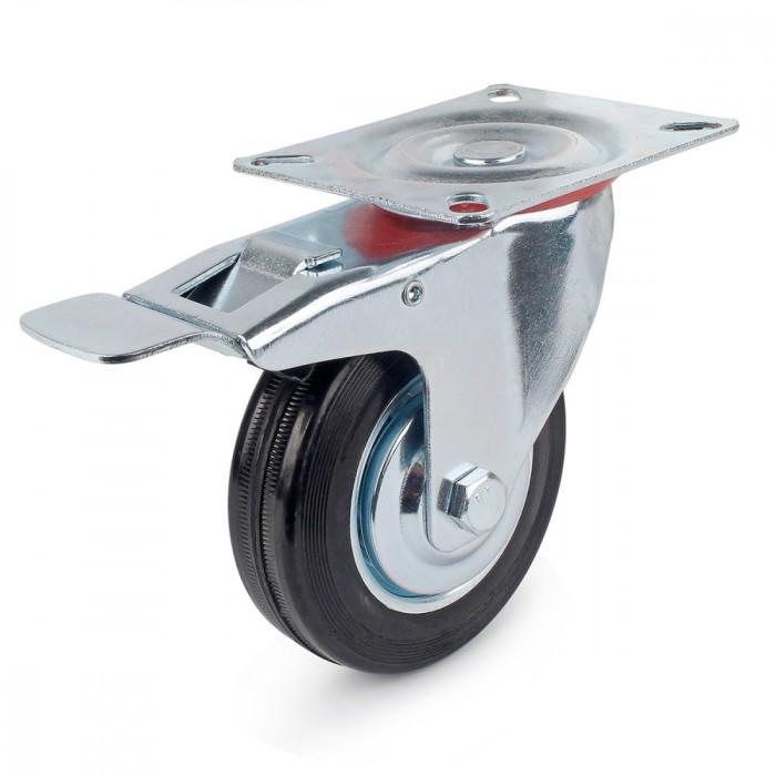 Roata carucior, pivotanta, diametru 100 mm, din cauciuc, cu rulment si frana, placa 100x80 mm, 70 kg