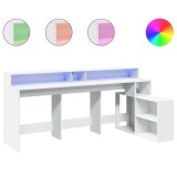 Cumpara ieftin Birou cu lumini LED, alb, 200x104x91 cm, lemn prelucrat