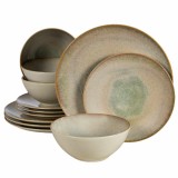 Set farfurii 12 piese, 4 persoane, Shell, Crem deschis lucios, margine maro