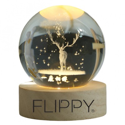Lampa led decorativa, flippy, cu bila de cristal cu diametru 6cm, model cerb 3d, alimentare usb, suport din lemn, lumina alb cald foto