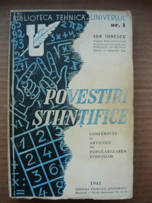ION IONESCU - POVESTIRI STIINTIFICE - vol. I - 1941 foto