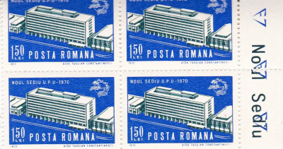 ROMANIA 1970 LP 738 NOUL SEDIU U.P.U. BLOC DE 4 TIMBRE MNH foto