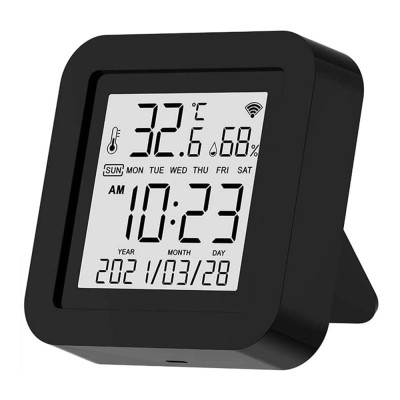 Senzor universal de umiditate si temperatura Tuya Smart, IR, Smart Wi-Fi, Ecran LCD, USB, Suport Alexa și Google Assistant Controler, Negru foto