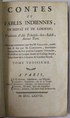 CONTES ET FABLES INDIENNES DE BIDPAI ET DE LOKMAN , TOME TROISIEME , 1778 foto