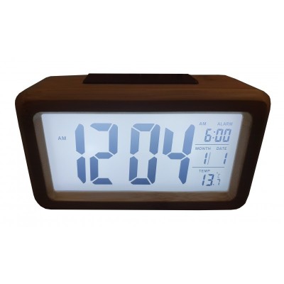 Ceas Electronic cu ecran LCD iluminat,termometru,alarma,bambus foto