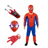 Cumpara ieftin Set costum clasic Spiderman KidMania&reg; cu muschi, masca cu lumini si doua manusi lansator cu ventuze pentru copii 5-7 ani 110-120 cm