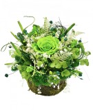 Aranjament floral personalizabil cu licheni, trandafir si plante naturale criogenate si stabilizate pe suport tip buturuga (Verde)