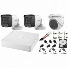 Kit 3 camere supraveghere 2MP Turbo HD cu microfon HikVision + DVR 4 canale Over Coaxial + Surse + Cablu + Mufe + HDD 500GB foto