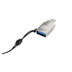 Adaptor OTG microUSB tata la USB 3.0 mama, HOCO UA10, carcasa aliaj de zinc, cu snur elastic, argintiu