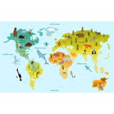 Harta lumii pentru copii cu animale, PVC, fara sipci, pentru perete, 50x70 cm