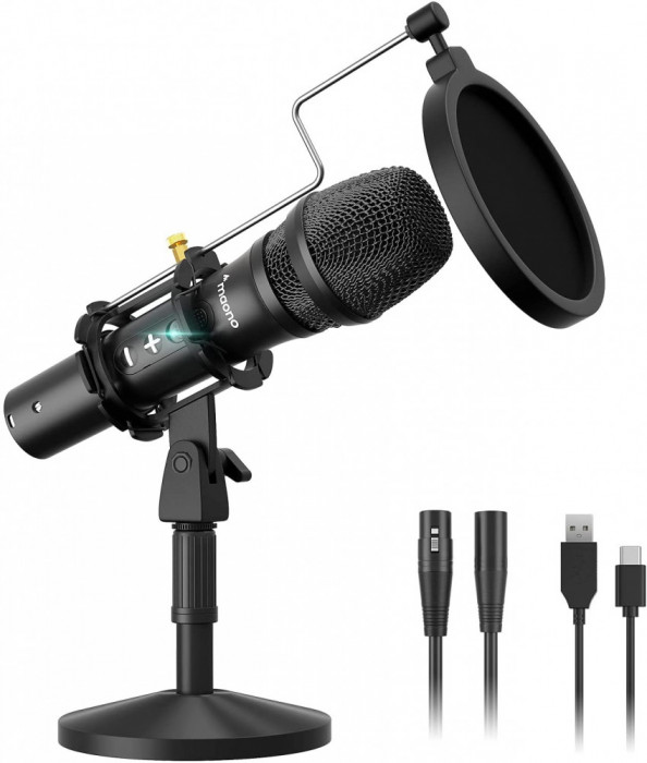 Microfon profesional dinamic Maono HD300T, latenta zero, monitorizare vocala si control volum, conectare XLR sau USB