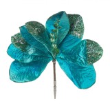 Floare Decorativă Crăciun, Magnolie, Clip, Turcoaz, Glitter, Poliester, 23cm, Oem