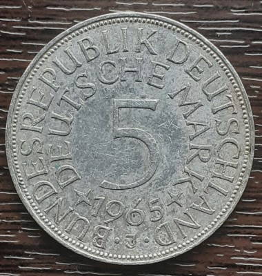 (A855) MONEDA DIN ARGINT GERMANIA - 5 MARK 1965, LIT J, 11,2 GRAME. PURITATE 625 foto