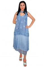 Rochie de vara cu aspect de costum, model lejer,culoare albastru, cu broderie foto