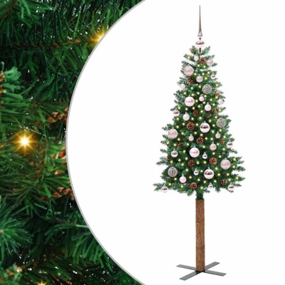 vidaXL Brad de Crăciun subțire Verde 150 cm PVC și lemn de PIN masiv 3394853 foto