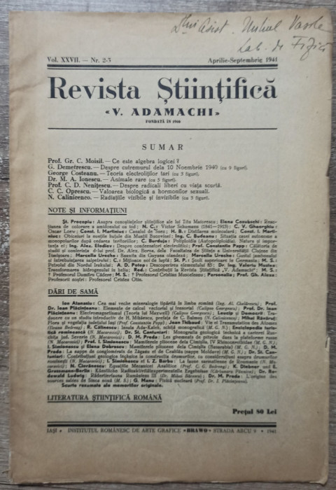 Revista Stiintifica V. Adamachi, aprilie-septembrie 1941