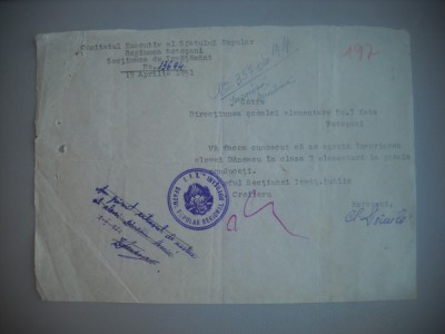 HOPCT DOCUMENT VECHI 406 SCOALA ELEMENTARA NR 3 FETE-DANESCU BOTOSANI 1951 foto