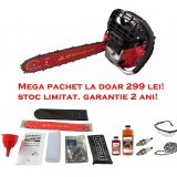 Pachet: Drujba pe benzina Motoyama, 8.5 CP, motor 2 timpi + 1 ulei amestec 500 ml, 1 ulei de lant 1 l, 1 pereche ochelari, 2 bujii de rezerva + 1 lant