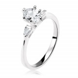 Inel de logodnă din argint 925, zirconiu oval, transparent, zirconiu mic, &icirc;n formă de trapez - Marime inel: 50