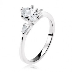 Inel de logodnă din argint 925, zirconiu oval, transparent, zirconiu mic, în formă de trapez - Marime inel: 49