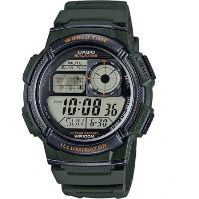 Ceas digital bărbătesc Casio World Time Illuminator, 43 mm, cronograf, baterie, curea verde din cauciuc - AE-1000W-3A foto