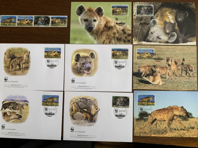 uganda - hiena - serie 4 timbre MNH, 4 FDC, 4 maxime, fauna wwf foto