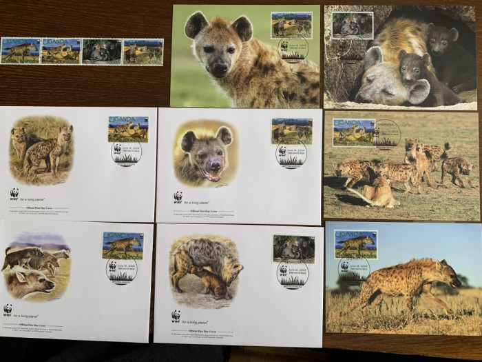 uganda - hiena - serie 4 timbre MNH, 4 FDC, 4 maxime, fauna wwf