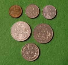 Monede Romania, 1 ban 1952, 5 bani 1966-1975, 25 bani 1966-1982 si 15 bani 1966. foto