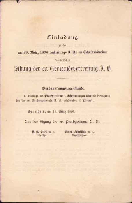 HST A1914 Invitație regulament folosire turnuri biserica fortificată Agnita 1896