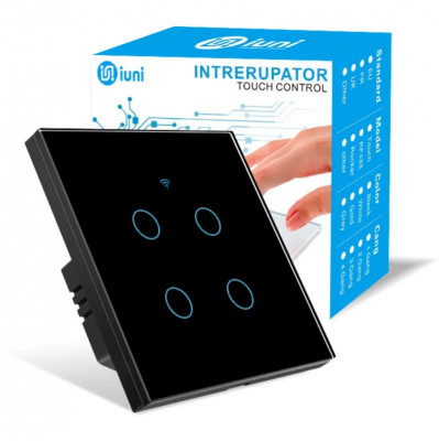 Intrerupator smart touch, WiFi, Sticla securizata, iUni 4G, 10A, Control vocal, Smart Life / Tuya, LED, Black foto