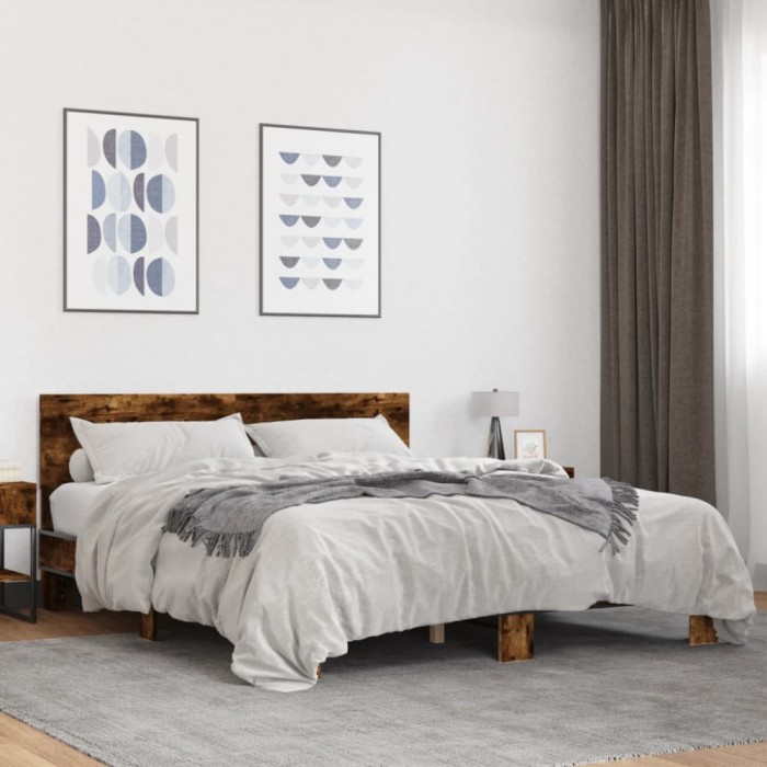 vidaXL Cadru de pat, stejar fumuriu 150x200 cm lemn prelucrat și metal 3280189
