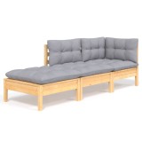 Set mobilier gradina cu perne, 3 piese, gri, lemn masiv pin